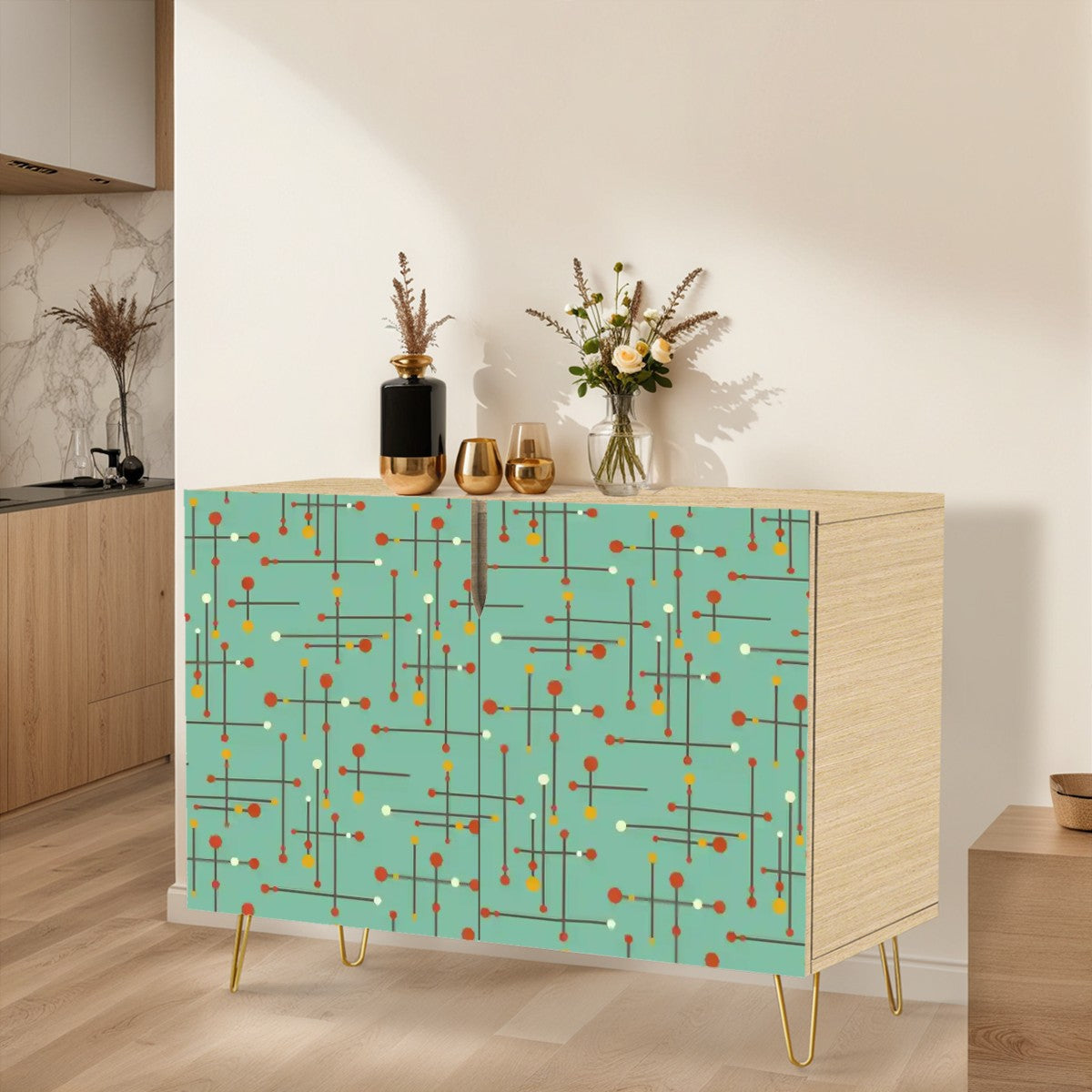 Retro 50's Eames Inspired Mid Century Mod Lines Teal Blue Sideboard, Credenza, Wooden Storage Cabinet