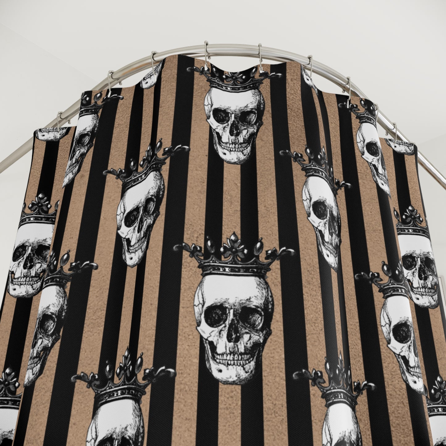 Crowned Skulls Halloween And Glam Goth, Tan and Black Striped Shower Curtain