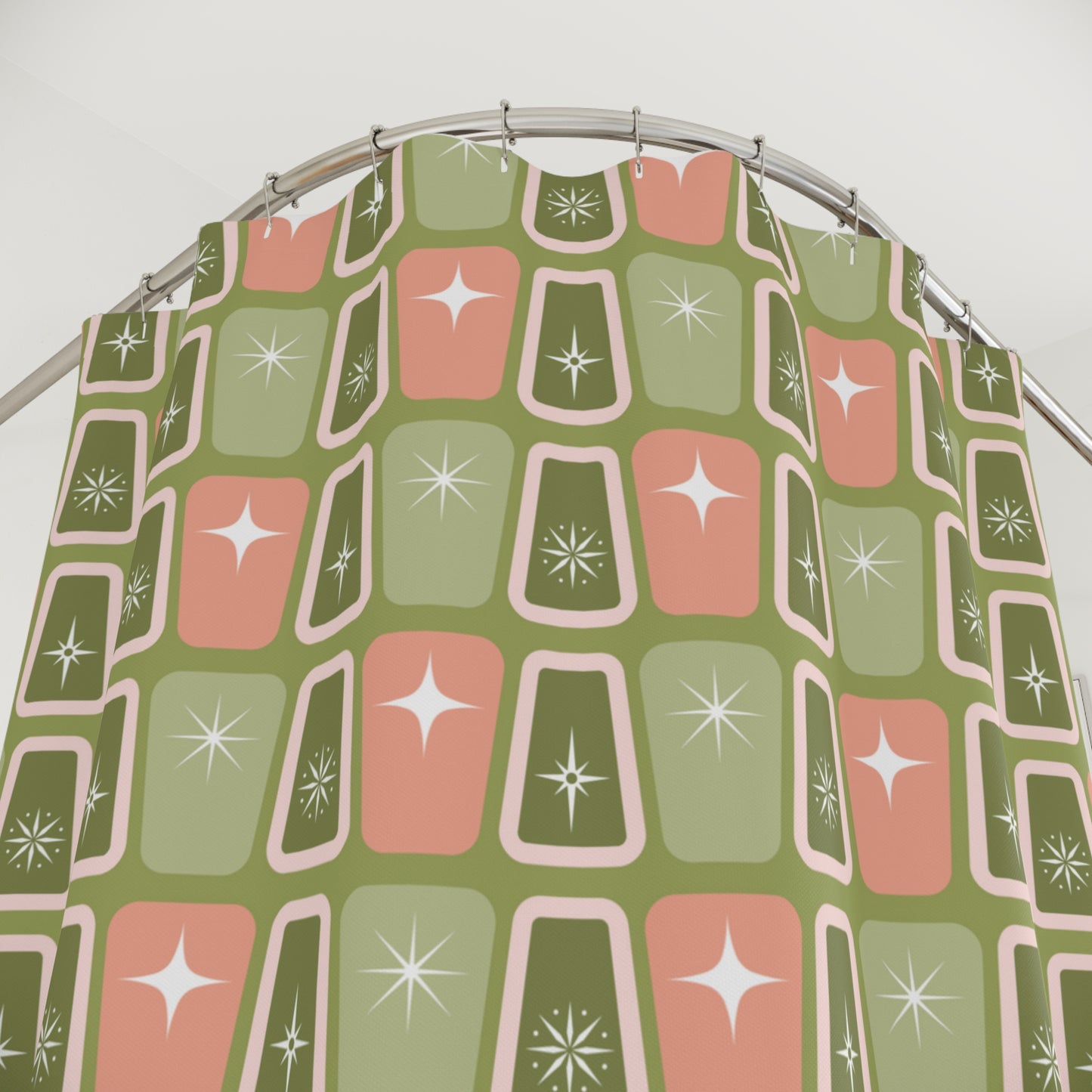 Atomic Burst Mid Century Mod Green & Pink Shower Curtain