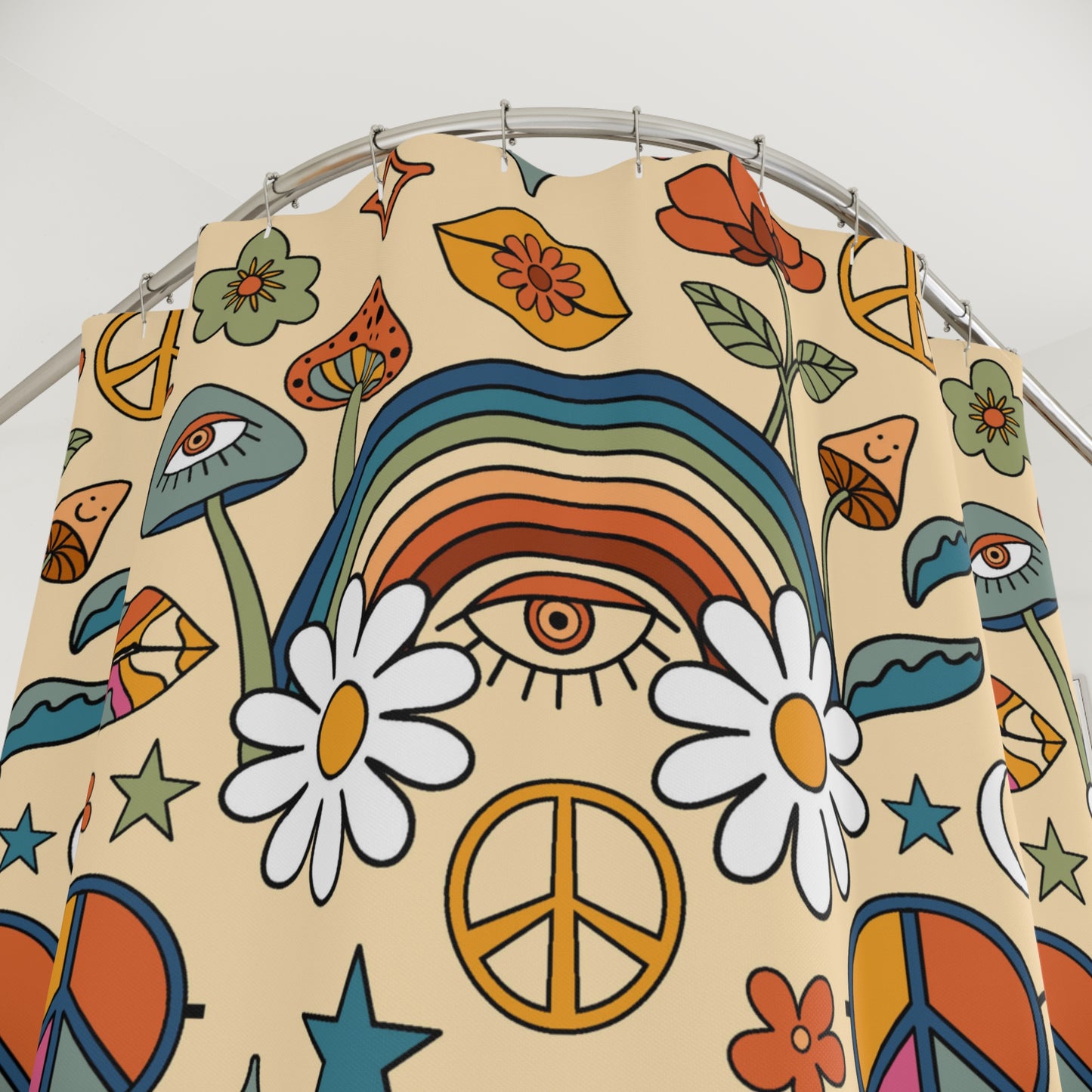 Groovy Boho 60s, 70s Rainbows, Mushrooms, Peace Sign Colorful Shower Curtain