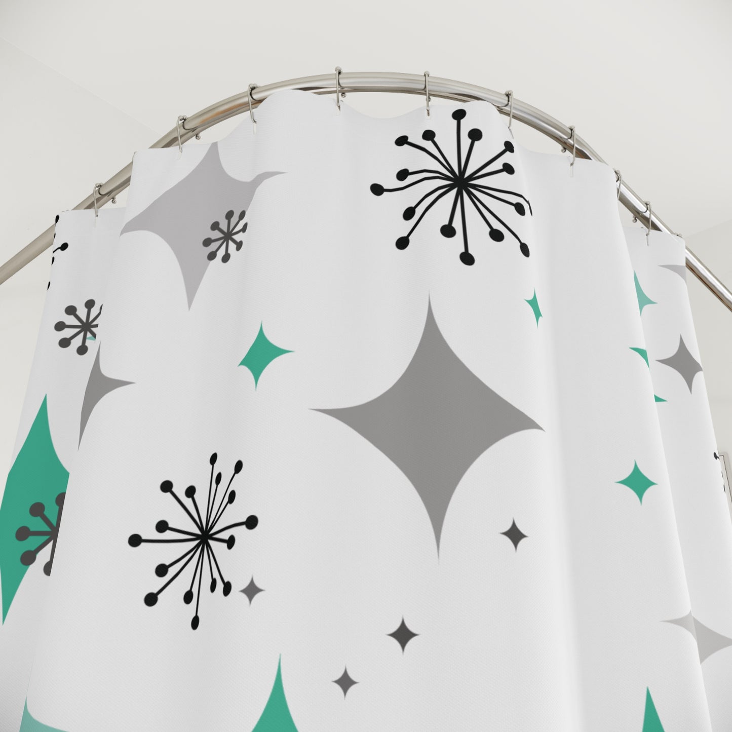 Retro Starbursts 50s Mid Century Mod Teal Green and Gray Shower Curtain