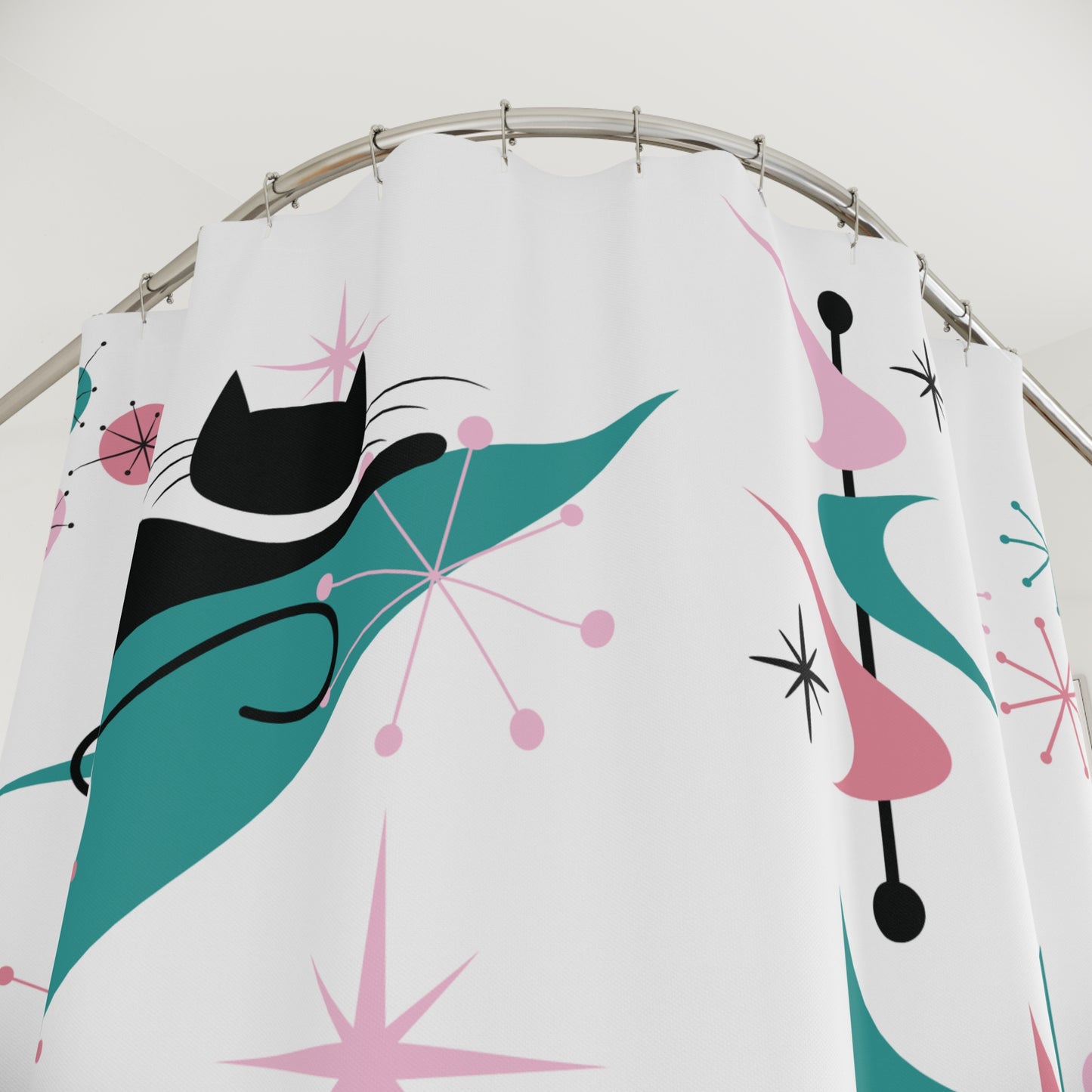 Retro 50s Atomic Black Cat, Boomerang & Starburst MCM Pink, Teal-Green & White Shower Curtain