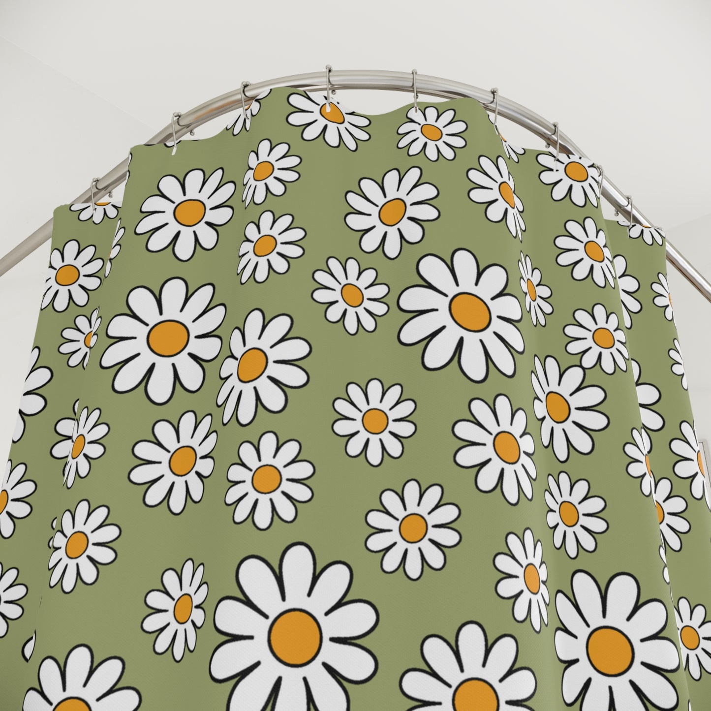 Retro Daisy Sage Green MCM Boho Shower Curtain