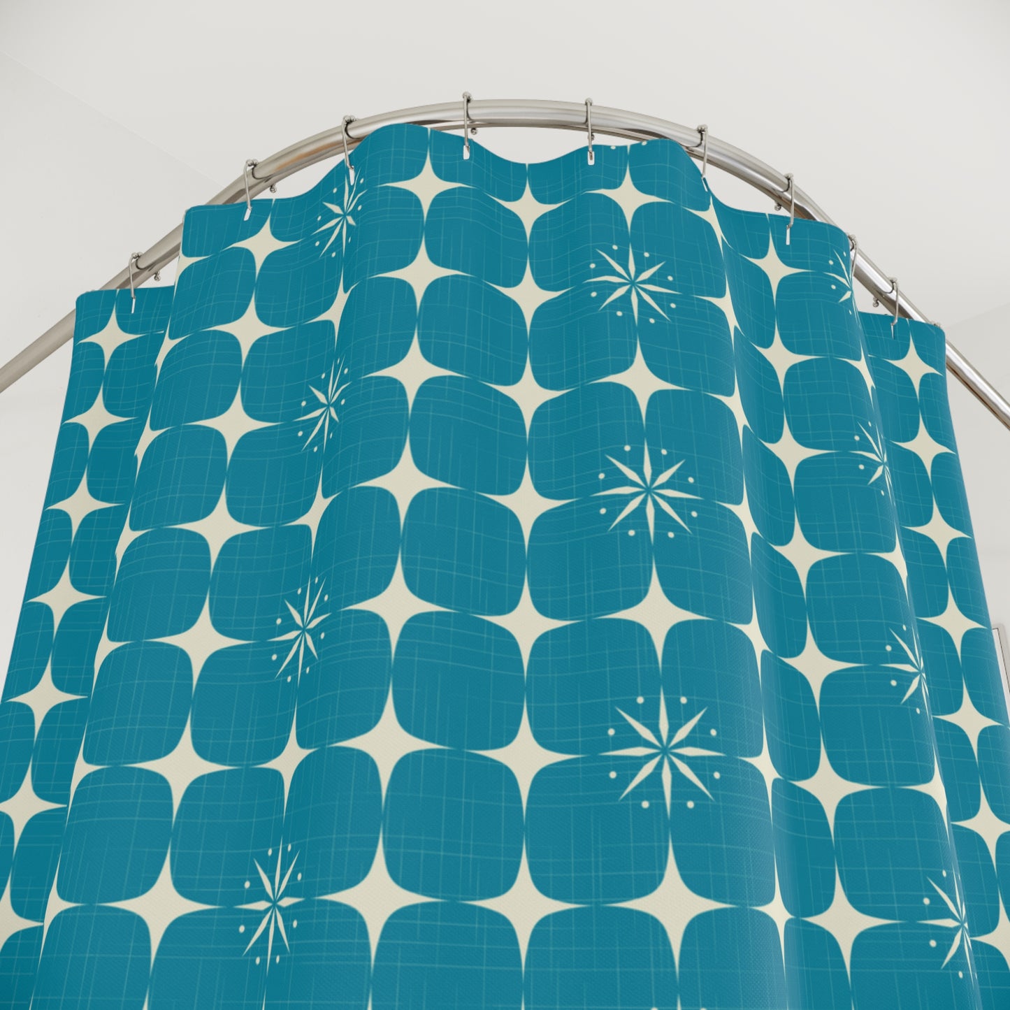 Retro Atomic Starburst Blue Mid Century Modern Shower Curtain