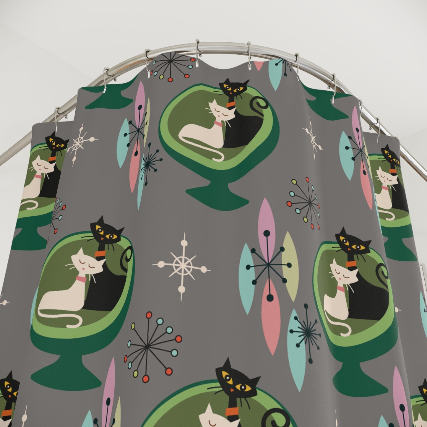 Retro 50s Atomic Cats in Ball Chair, Mid Century Modern Gray Shower Curtain