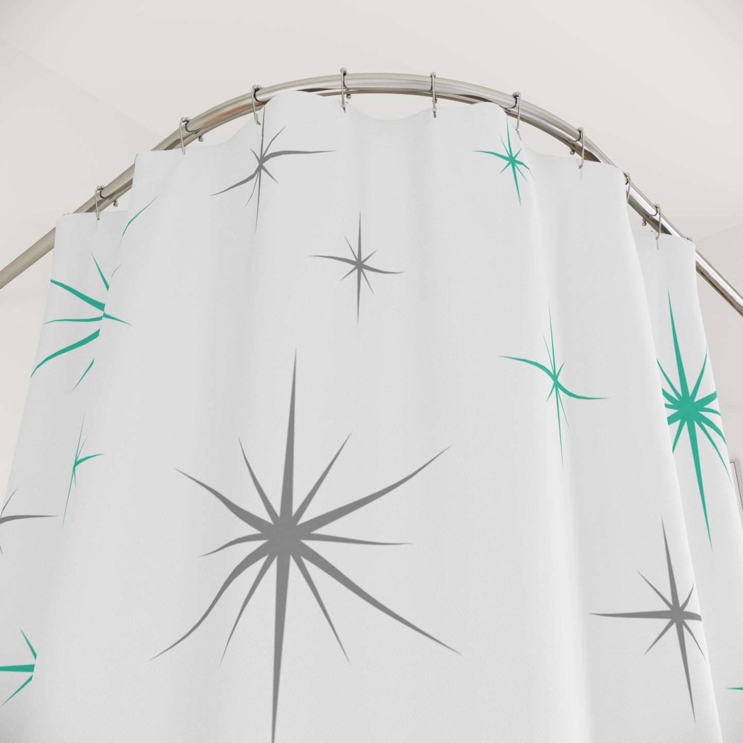 Starbursts 50s, 60s Mid Century Modern Teal & Grey Shower Curtain