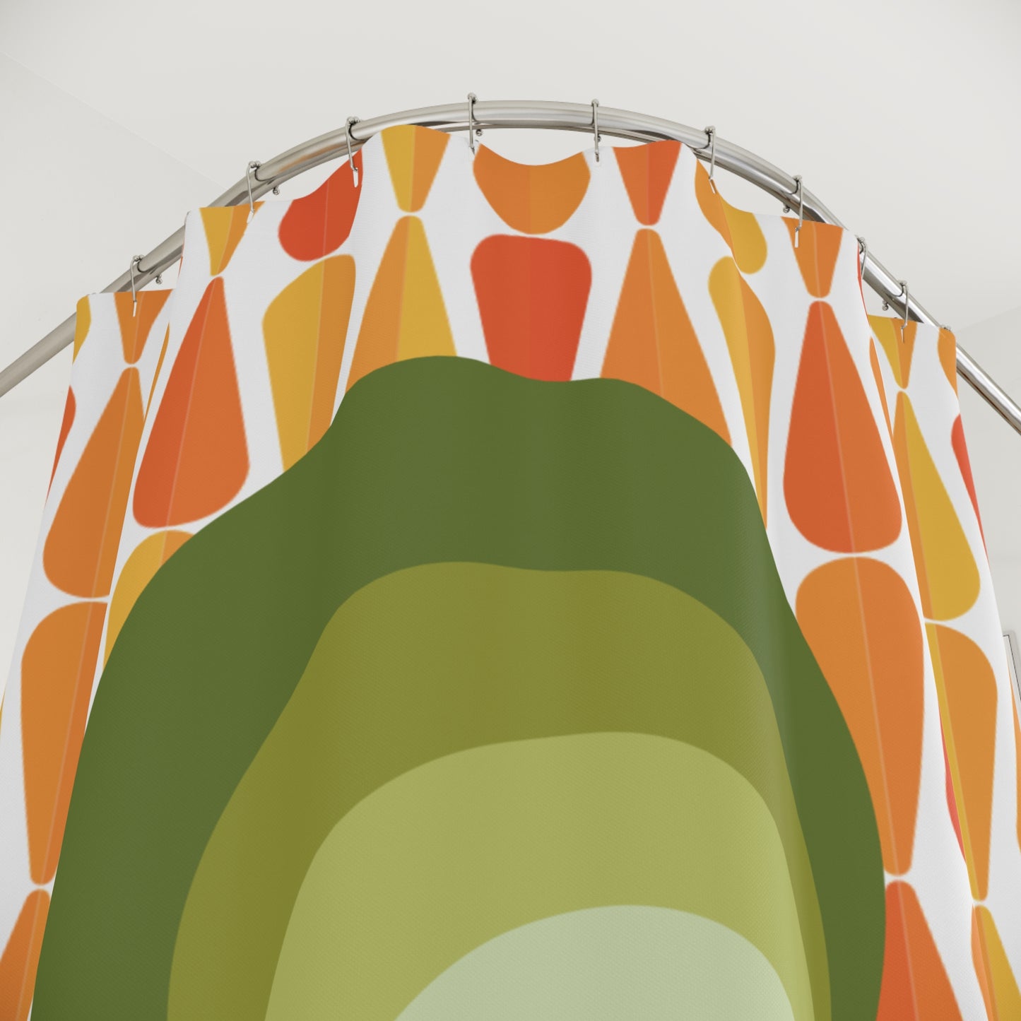 Retro Atomic Cat 60s 70s Mid Century Modern Geometric Orange, Yellow & Green Shower Curtain