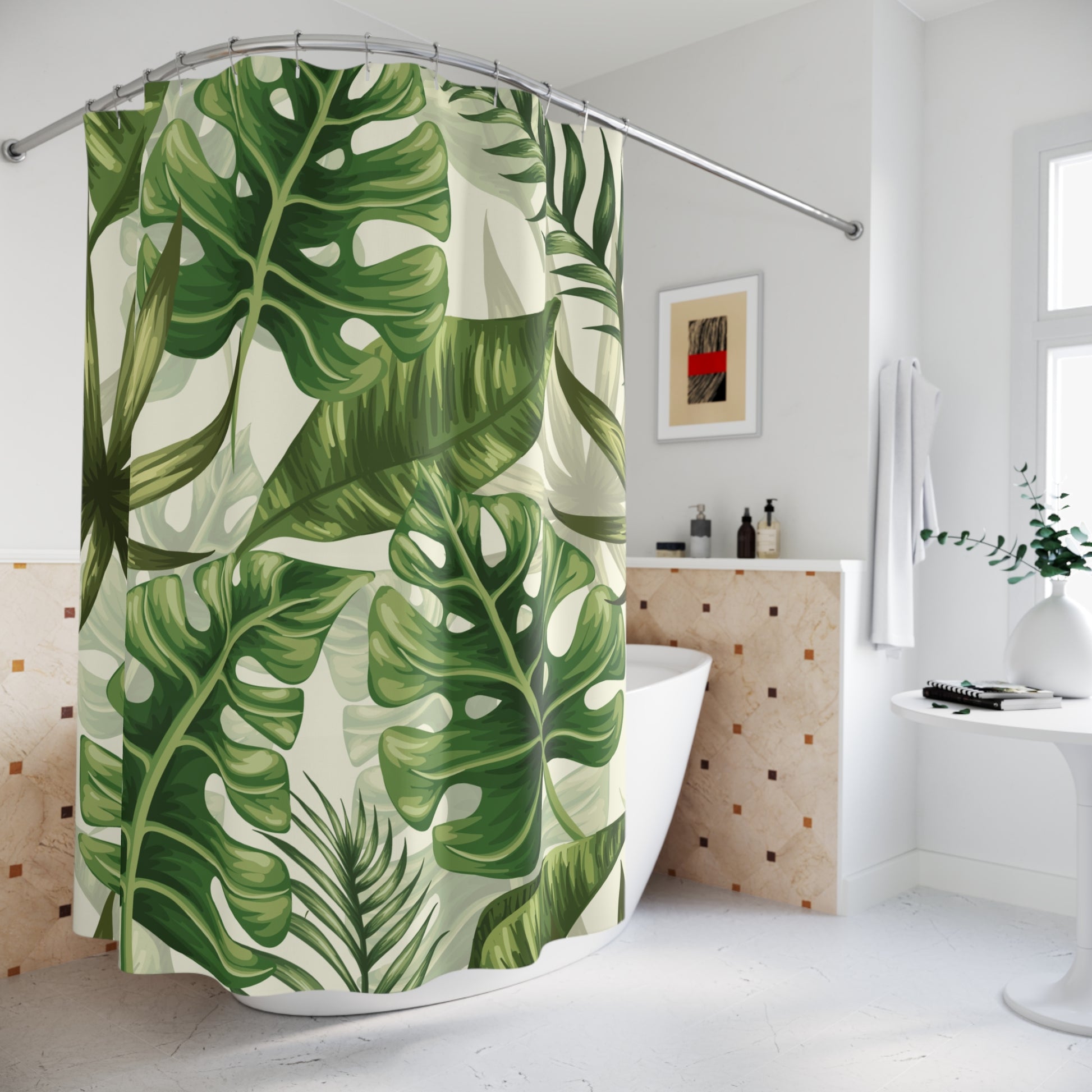 Vintage Monstera & Palm Leaf Tropical MCM Shower Curtain | lovevisionkarma.com