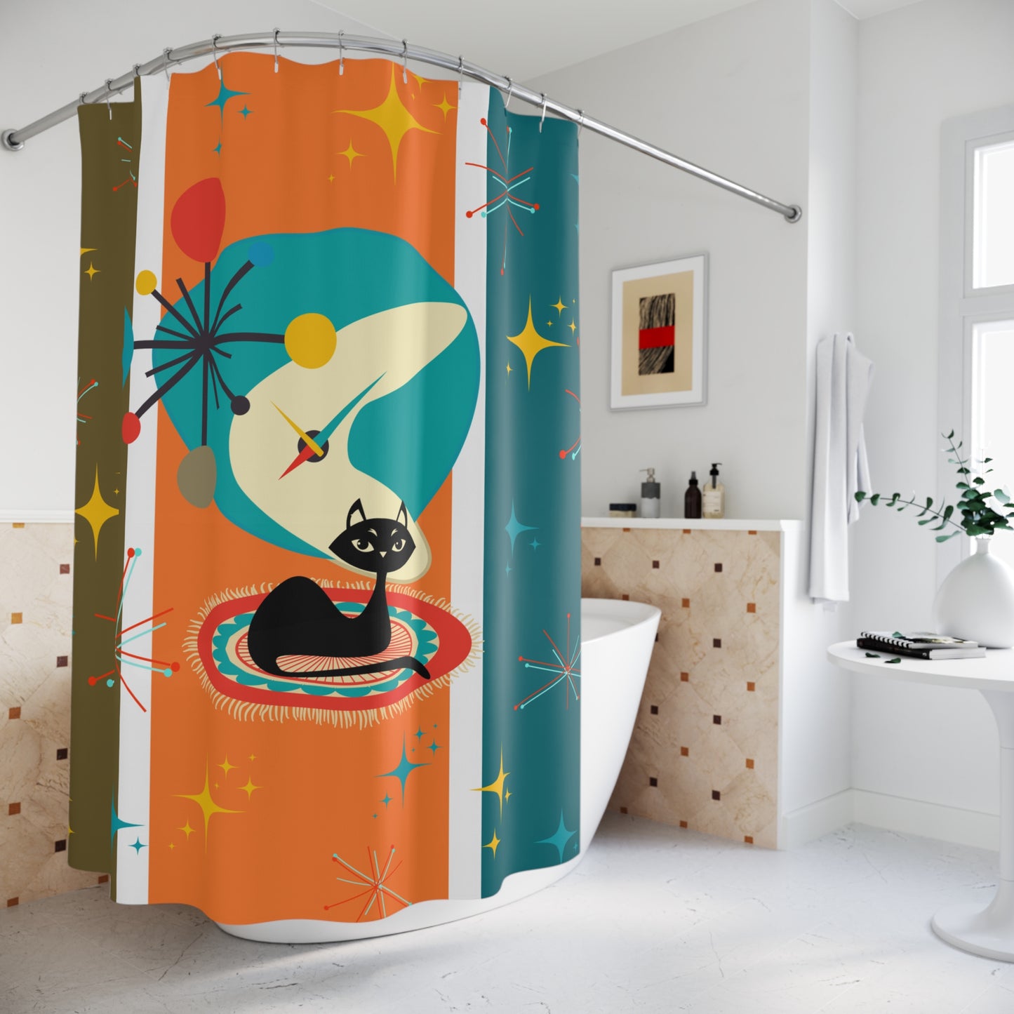 Retro 50's Atomic Cat and Starbursts MCM Multicolor Shower Curtain