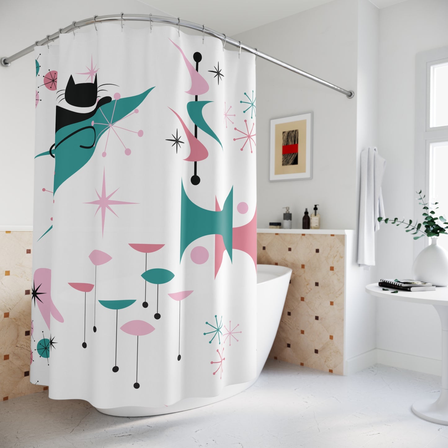 Retro 50s Atomic Black Cat, Boomerang & Starburst MCM Pink, Teal-Green & White Shower Curtain