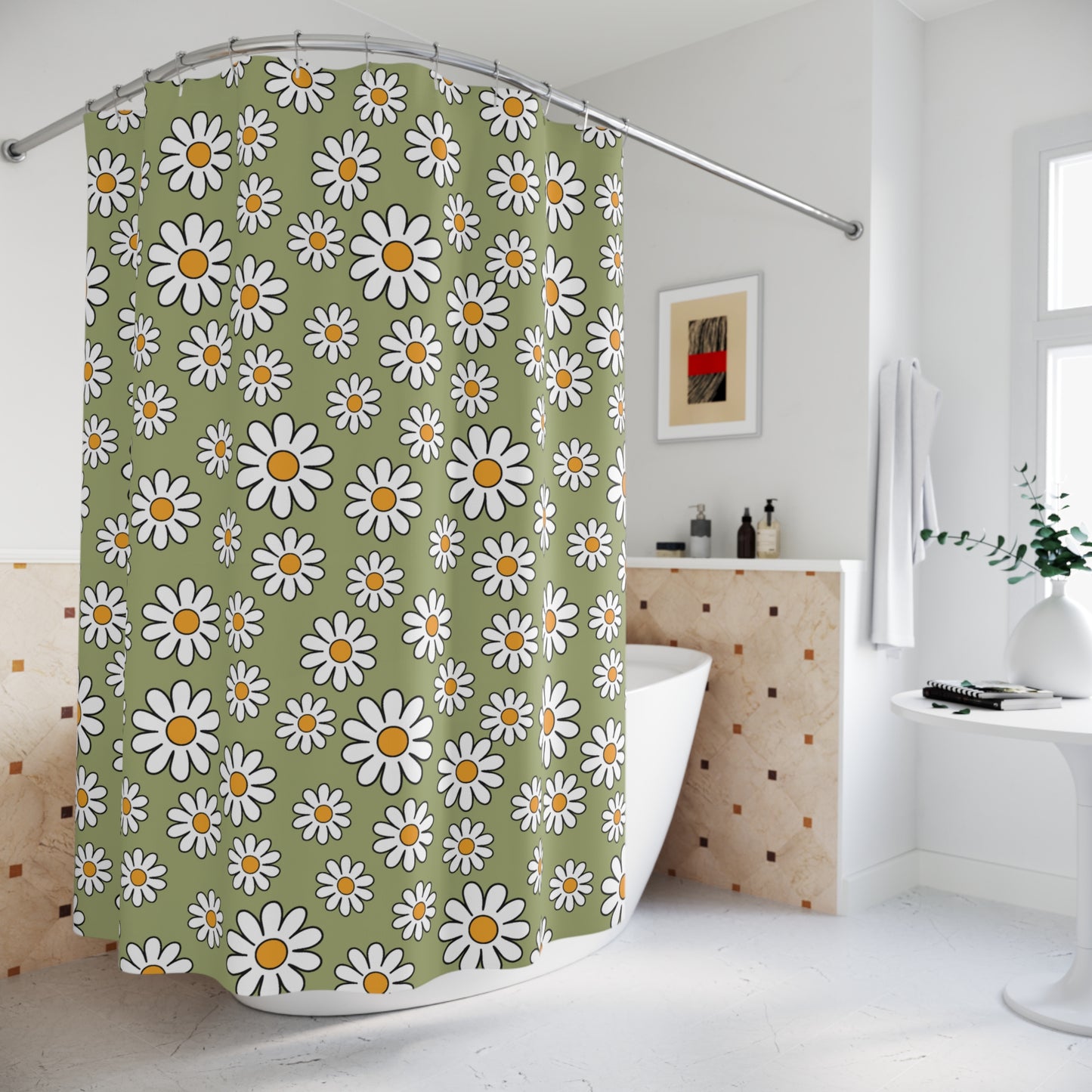 Retro Daisy Sage Green MCM Boho Shower Curtain