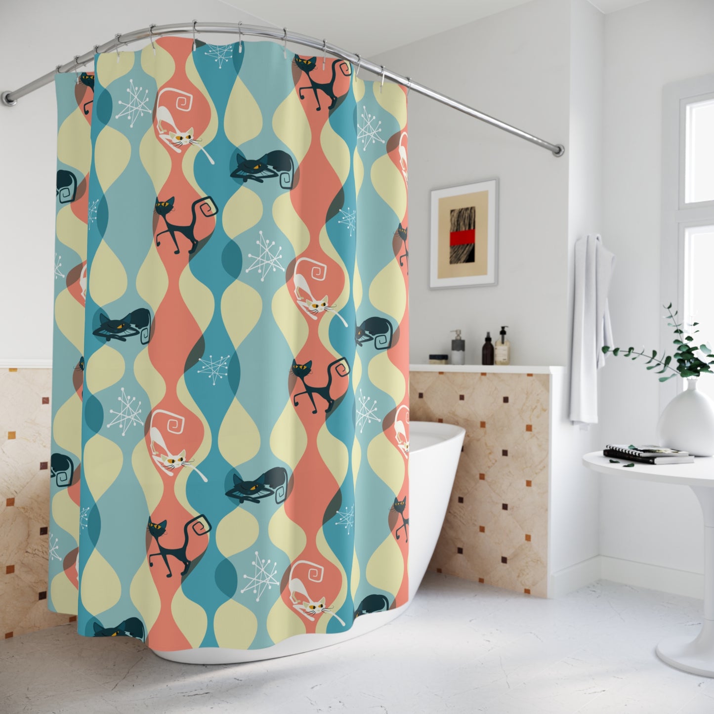 Retro Mid Century Atomic Cat Multicolor Shower Curtain