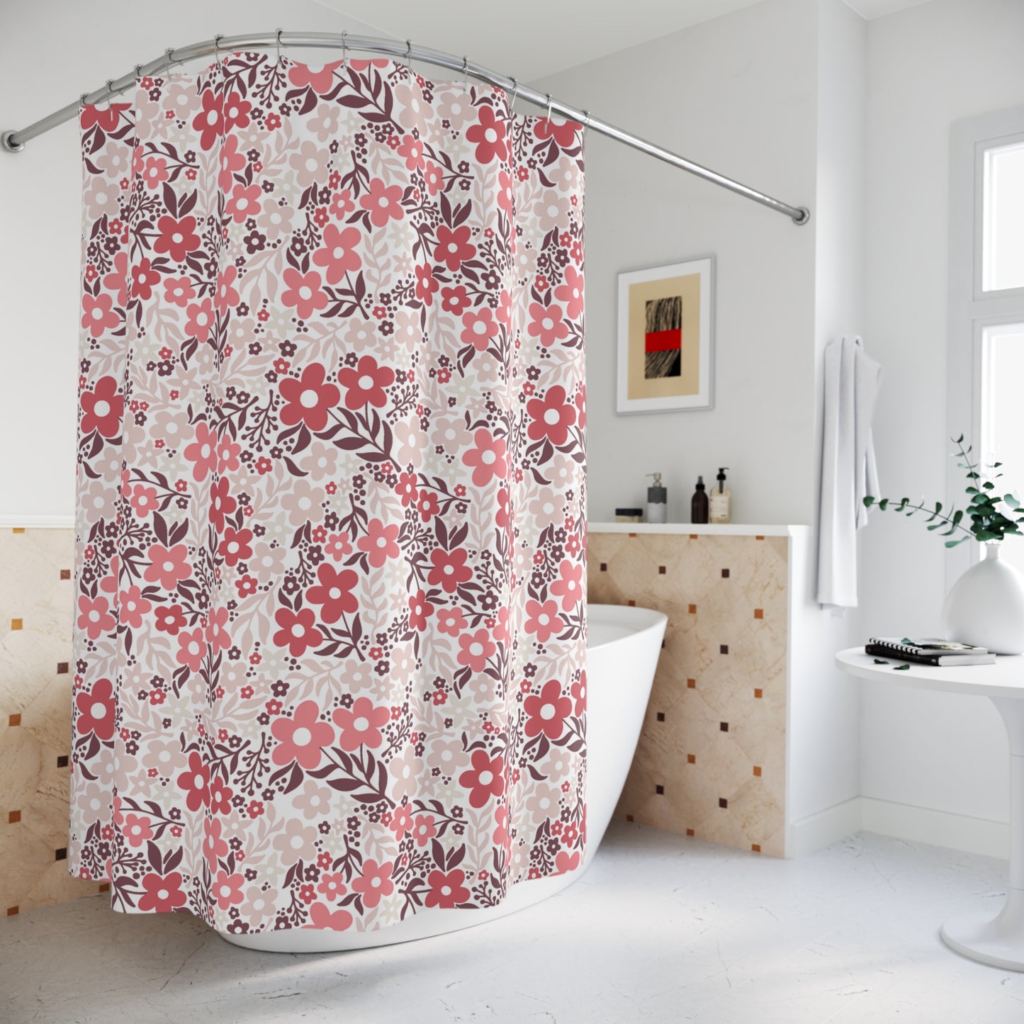 Retro Minimalist Scandi Flowers Mid Century Coral Cottagecore Shower Curtain