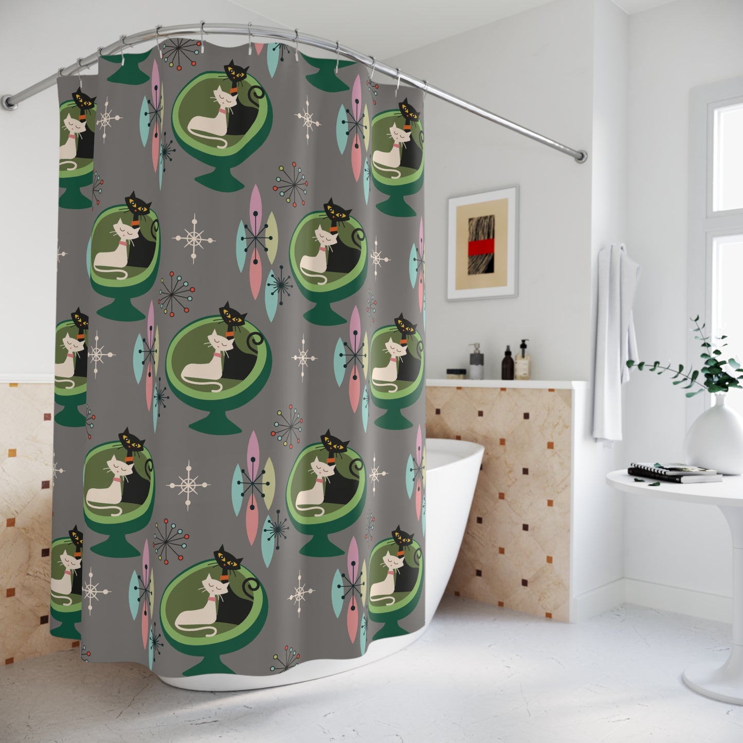 Retro 50s Atomic Cats in Ball Chair, Mid Century Modern Gray Shower Curtain