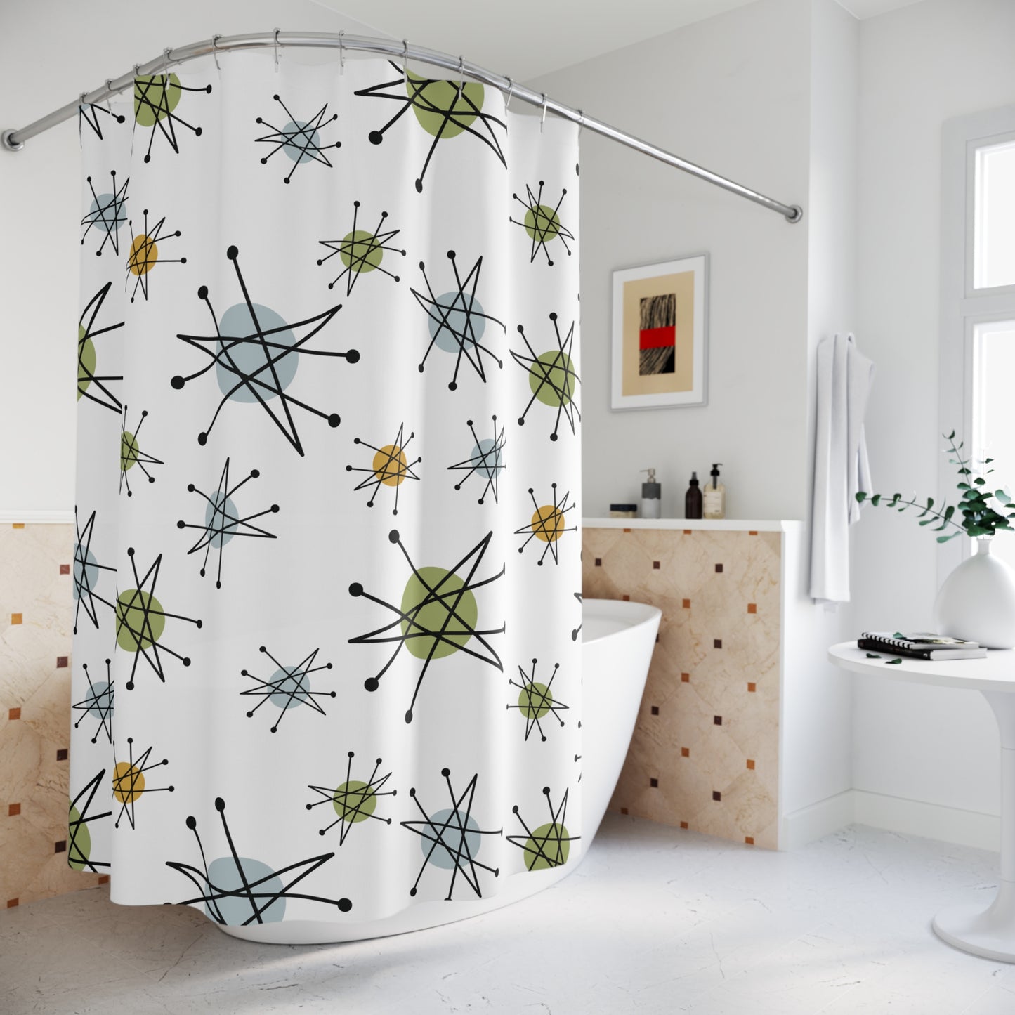 Retro 50s Franciscan Starburst Inspired Mid Century Mod Multicolor Shower Curtain