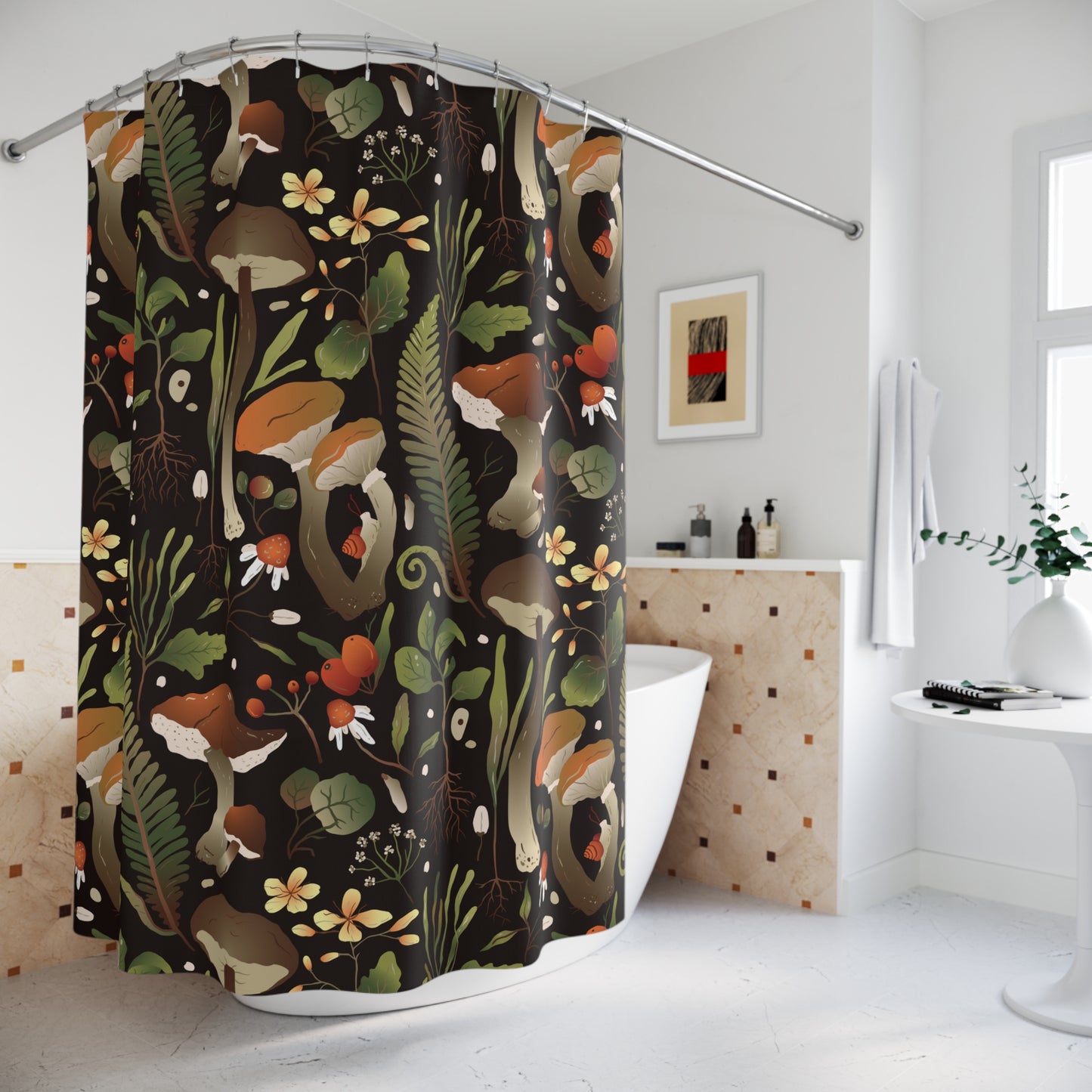 Mushroom and Snail Woodland Cottagecore Shower Curtain