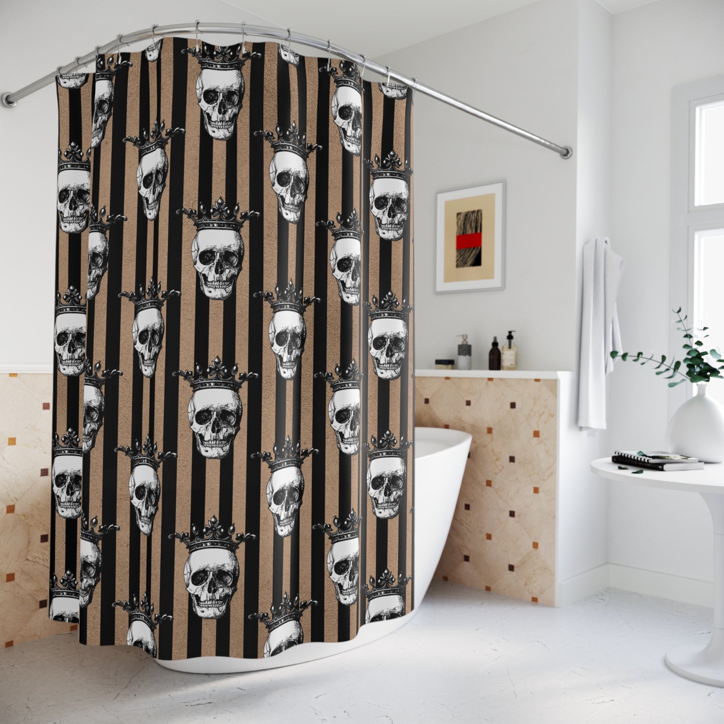 Crowned Skulls Halloween And Glam Goth, Tan and Black Striped Shower Curtain