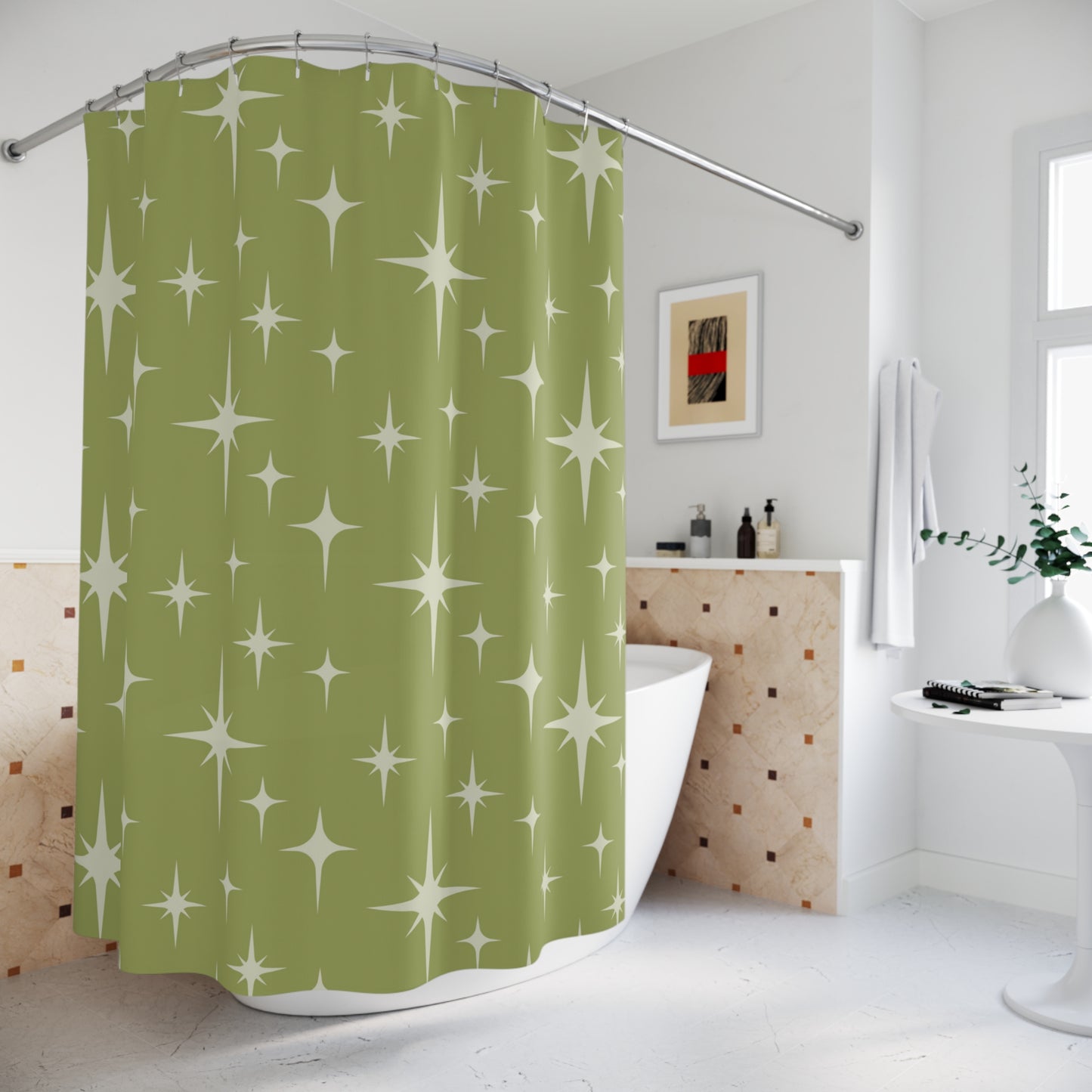 Retro 1950s Atomic Starburst Mid Century Green Shower Curtain