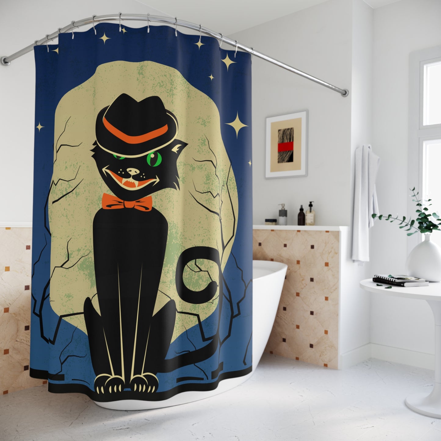 Atomic Black Cat Vintage Style MCM Halloween Shower Curtain