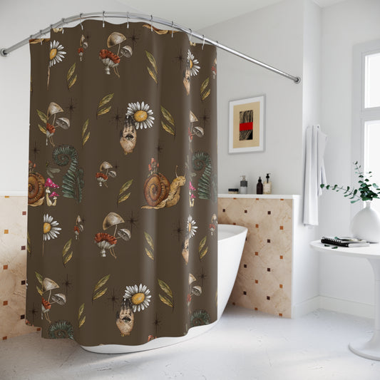 Boho Snail and Mushrooms Cottagecore Brown Shower Curtain