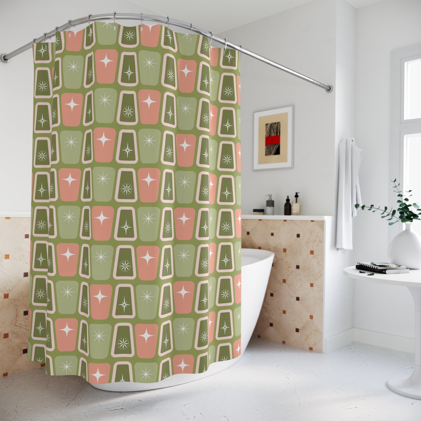 Atomic Burst Mid Century Mod Green & Pink Shower Curtain