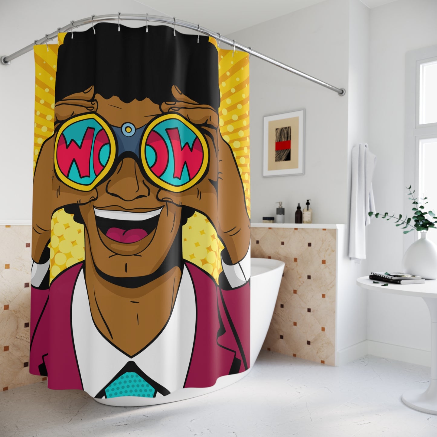 "Wow" Binoculars Man Comic Pop Art Funny Shower Curtain