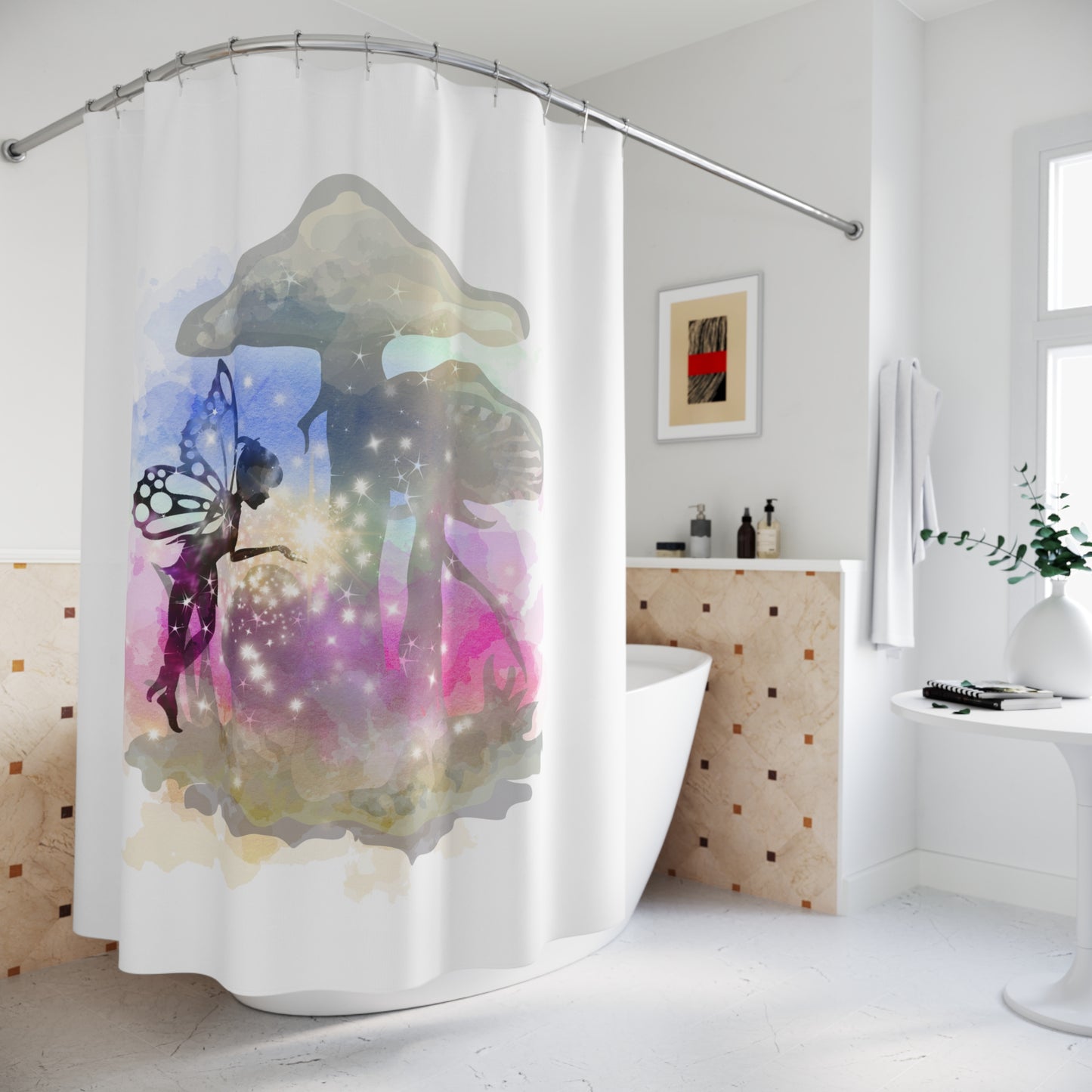 Fairy and Toad Stool Watercolor Style Whimsical Shower Curtain