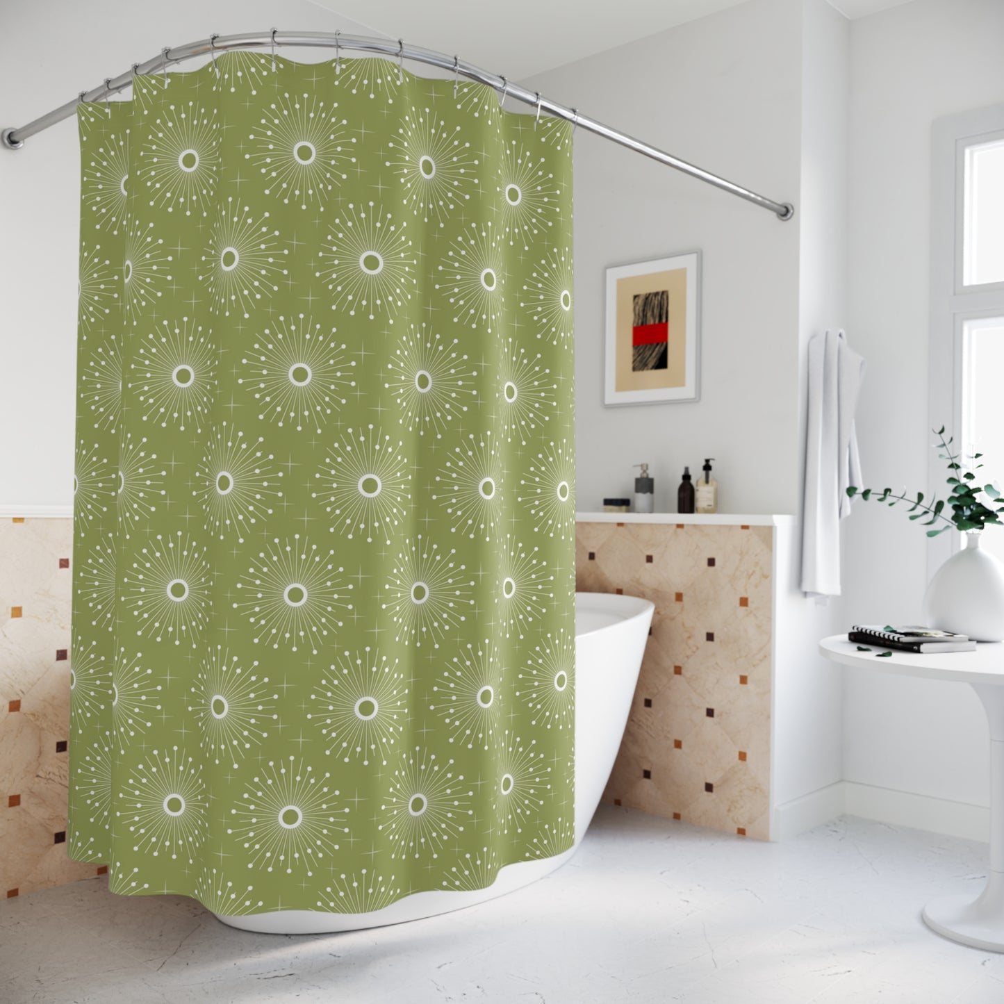 Retro 50s Atomic Burst MCM Green Shower Curtain