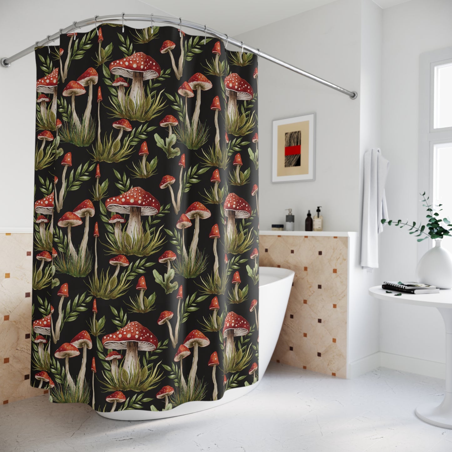 Amanita Muscaria Mushroom, Dark Cottagecore Boho Watercolor Black, Red & Green Shower Curtain