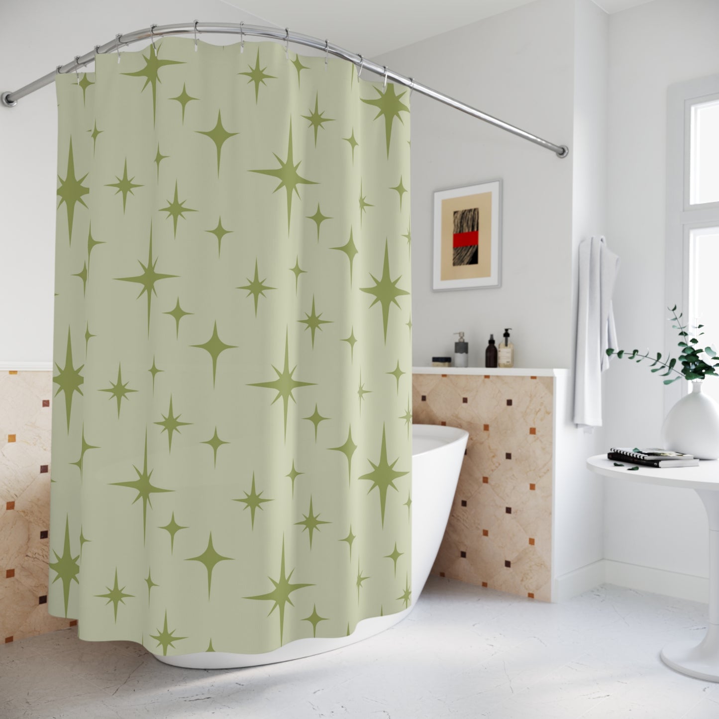 Retro 50s Atomic Starburst Green Chartreuse MCM Shower Curtain