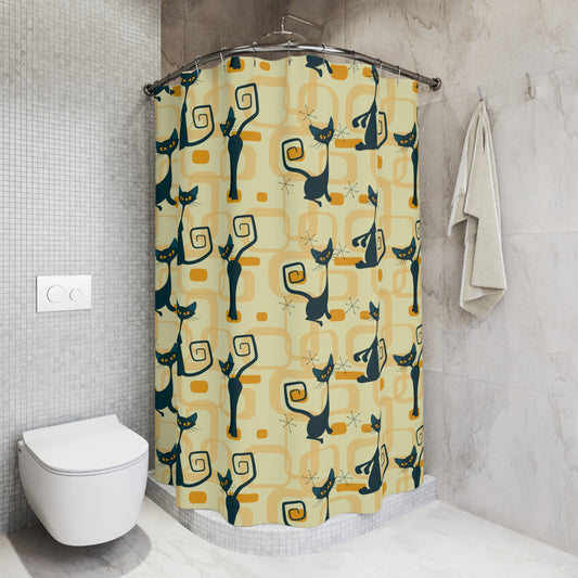 Retro Atomic Cat Mid Century Modern Yellow Shower Curtain