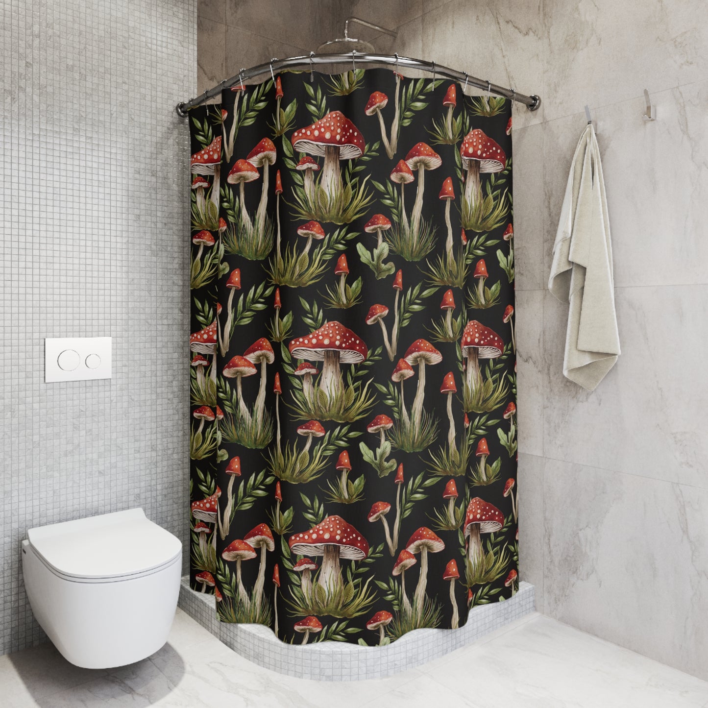 Amanita Muscaria Mushroom, Dark Cottagecore Boho Watercolor Black, Red & Green Shower Curtain