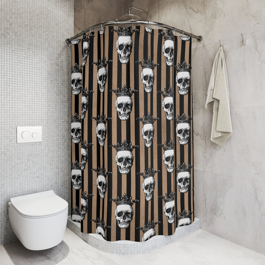 Crowned Skulls Halloween And Glam Goth, Tan and Black Striped Shower Curtain