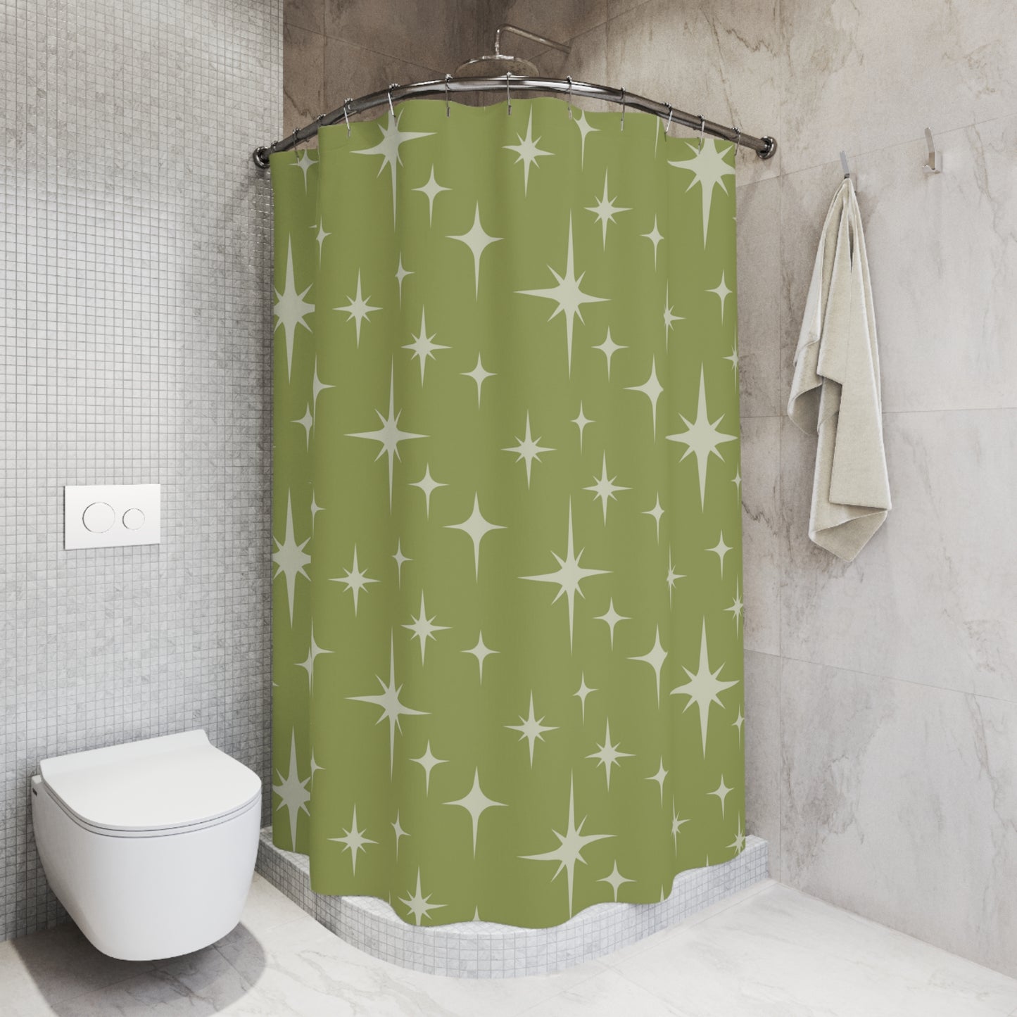 Retro 1950s Atomic Starburst Mid Century Green Shower Curtain