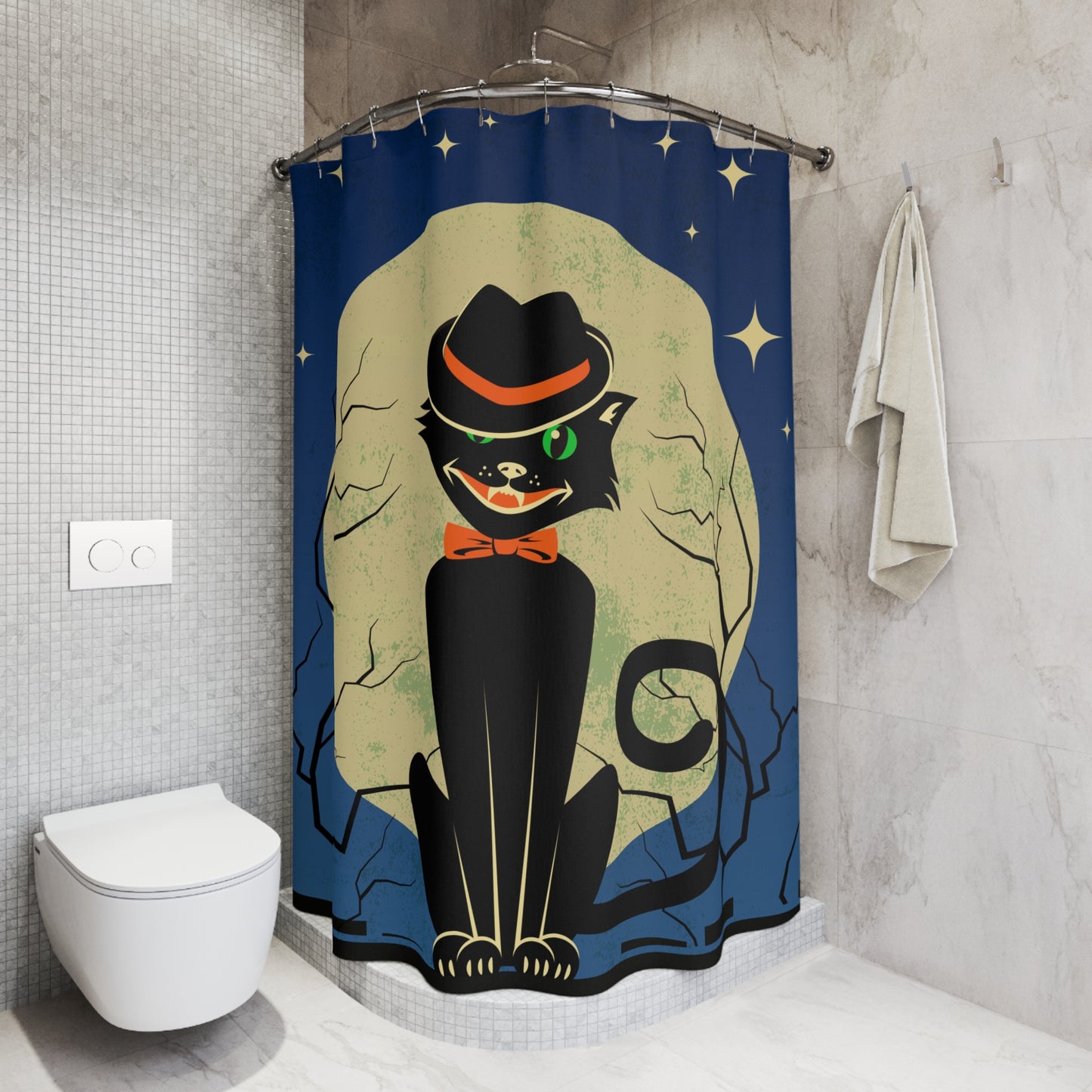 Atomic Black Cat Vintage Style MCM Halloween Shower Curtain