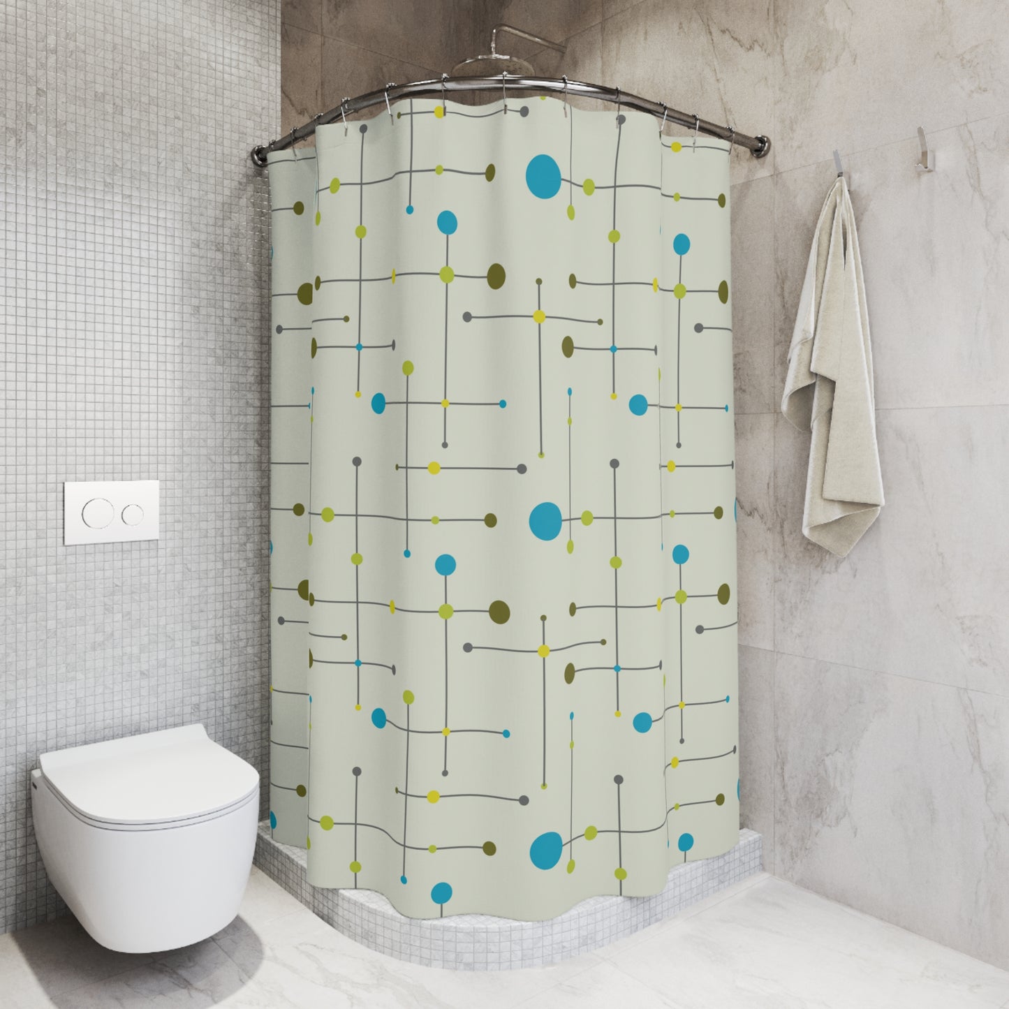 Retro 1950s, 60s Mid Century Lines and Circles Blue & Green Shower Curtain