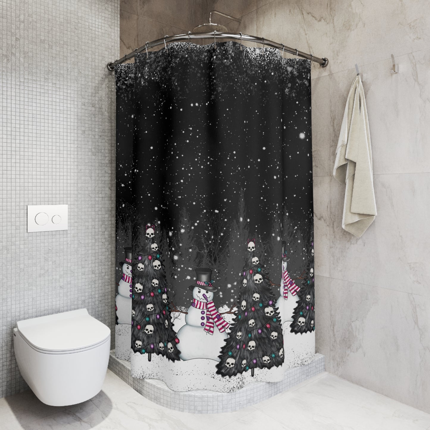 Creepy Snowmen Goth Christmas Tree Farm, Black Shower Curtain