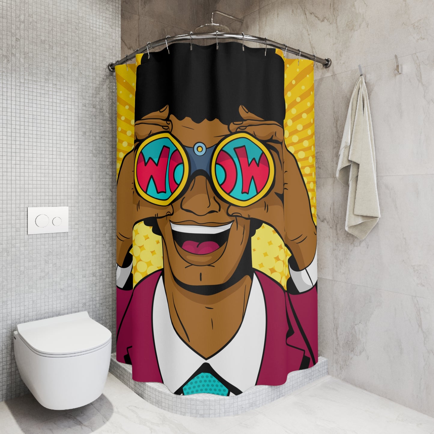 "Wow" Binoculars Man Comic Pop Art Funny Shower Curtain