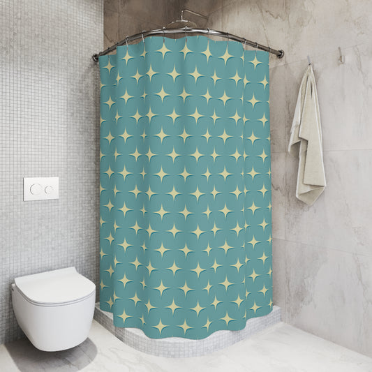 Mid Century Atomic Starburst Blue Shower Curtain