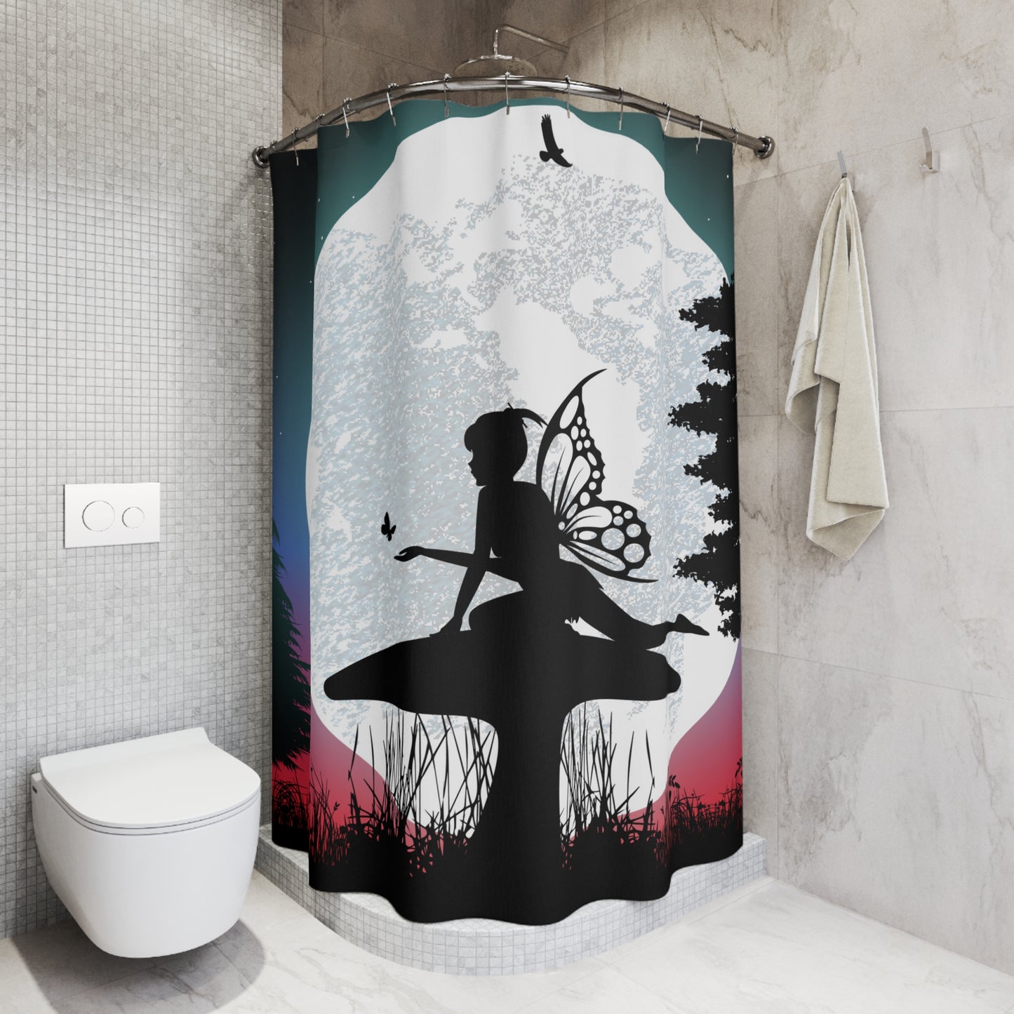 Fairy Silhouette Full Moon and Mushroom Dusk Shower Curtain