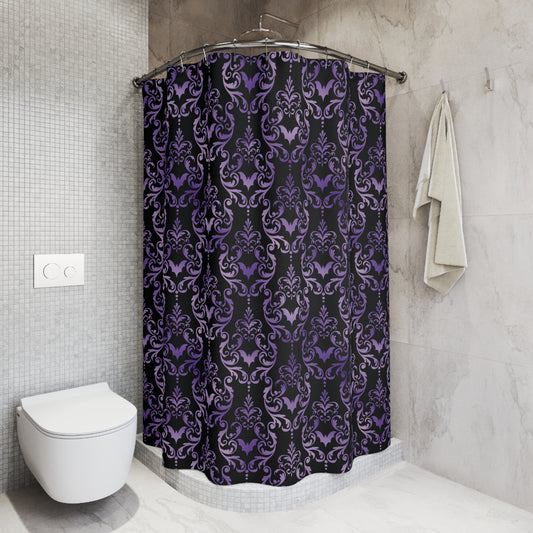 Dark Academia Damask Bat, Victorian Goth Inspired Purple & Black Glam Goth Shower Curtain