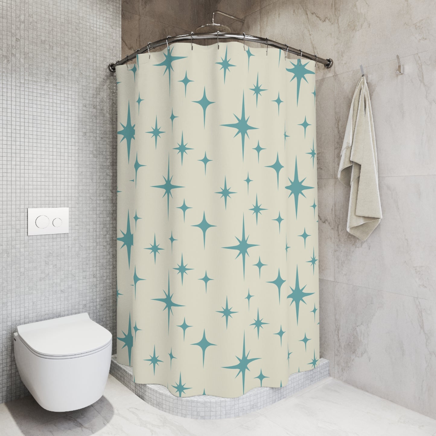 Retro 50's Atomic Burst Mid Century Mod Blue & Off-White Shower Curtain