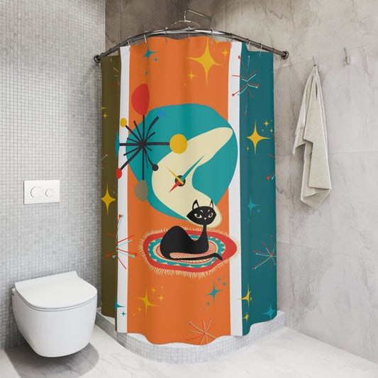 Retro 50's Atomic Cat and Starbursts MCM Multicolor Shower Curtain