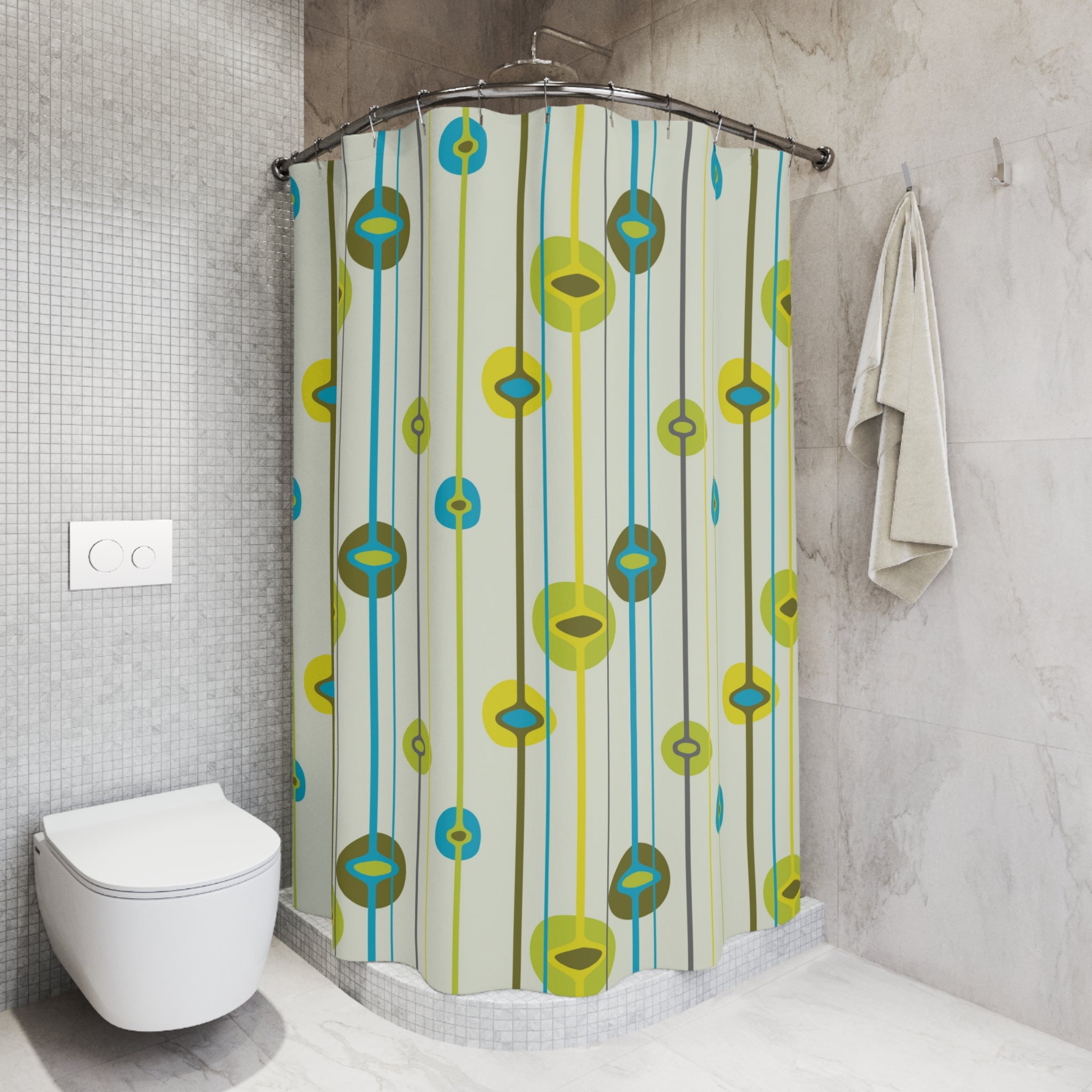 Retro Mid Century Modern Blue Green Yellow Block Print Shower Curtain / shops 71