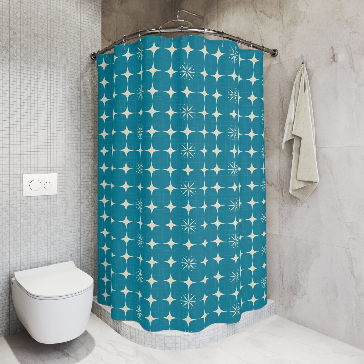 Retro Atomic Starburst Blue Mid Century Modern Shower Curtain