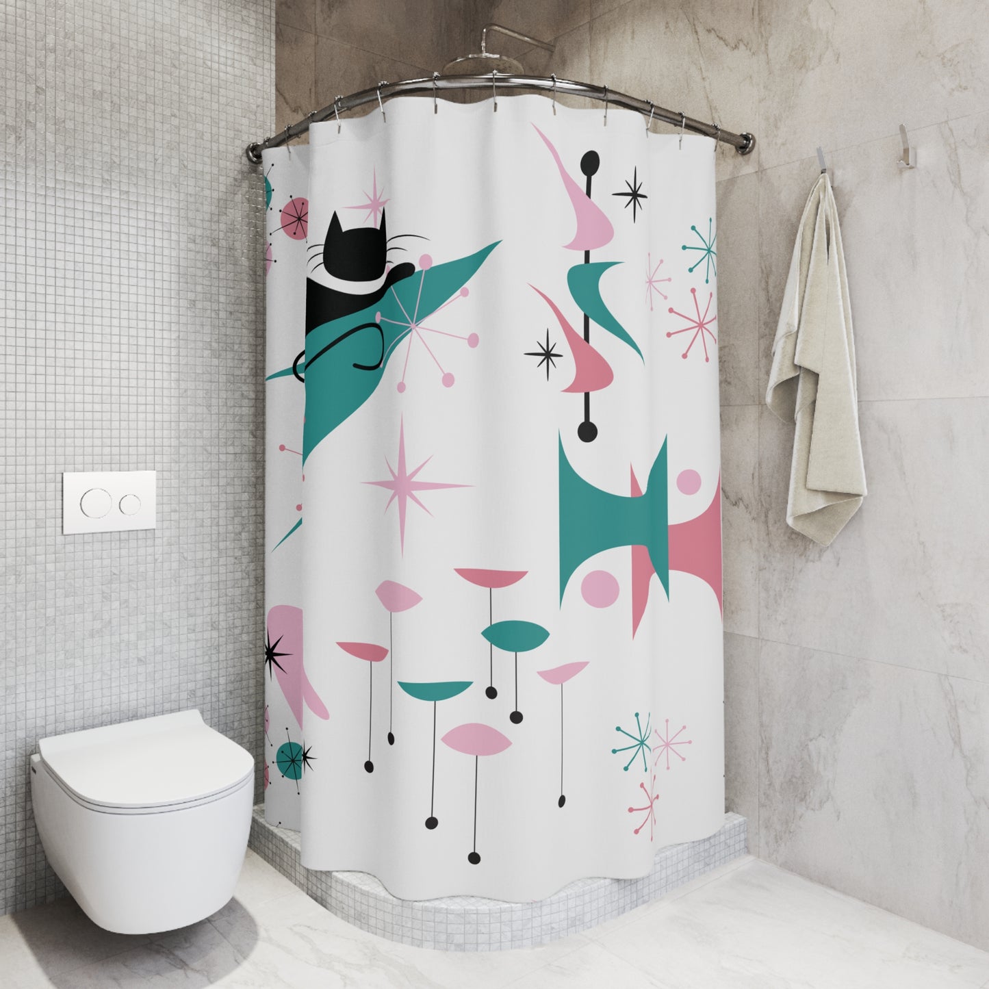 Retro 50s Atomic Black Cat, Boomerang & Starburst MCM Pink, Teal-Green & White Shower Curtain