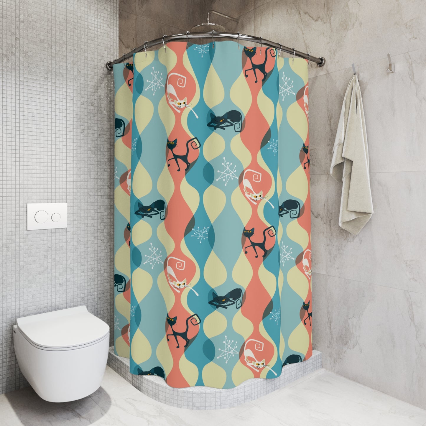 Retro Mid Century Atomic Cat Multicolor Shower Curtain