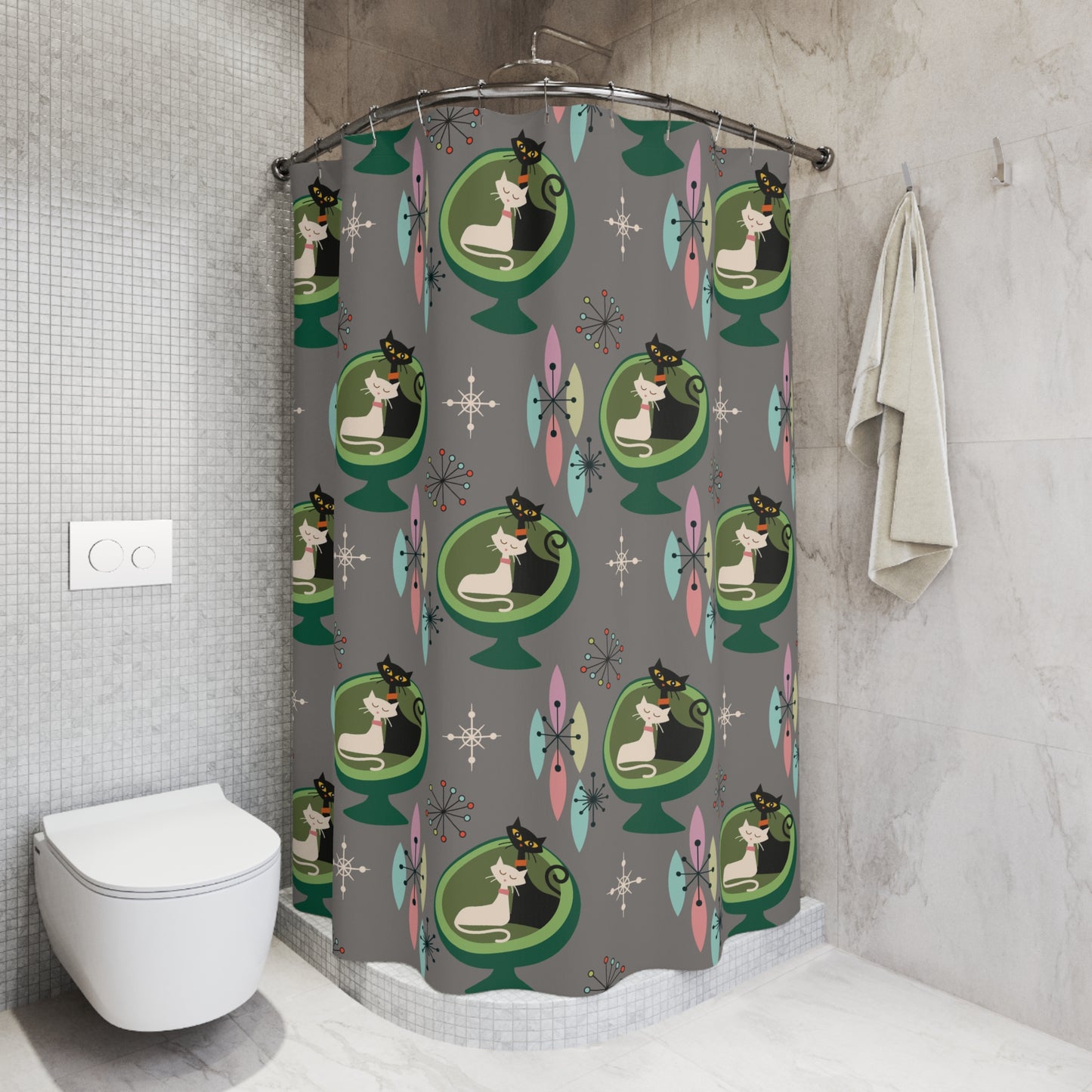 Retro 50s Atomic Cats in Ball Chair, Mid Century Modern Gray Shower Curtain