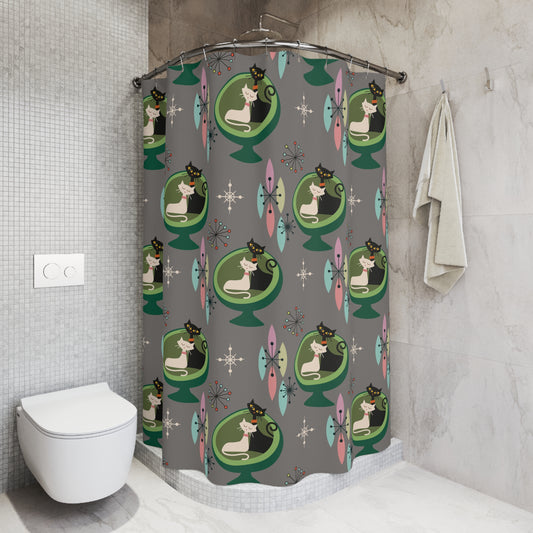 Retro 50s Atomic Cats in Ball Chair, Mid Century Modern Gray Shower Curtain