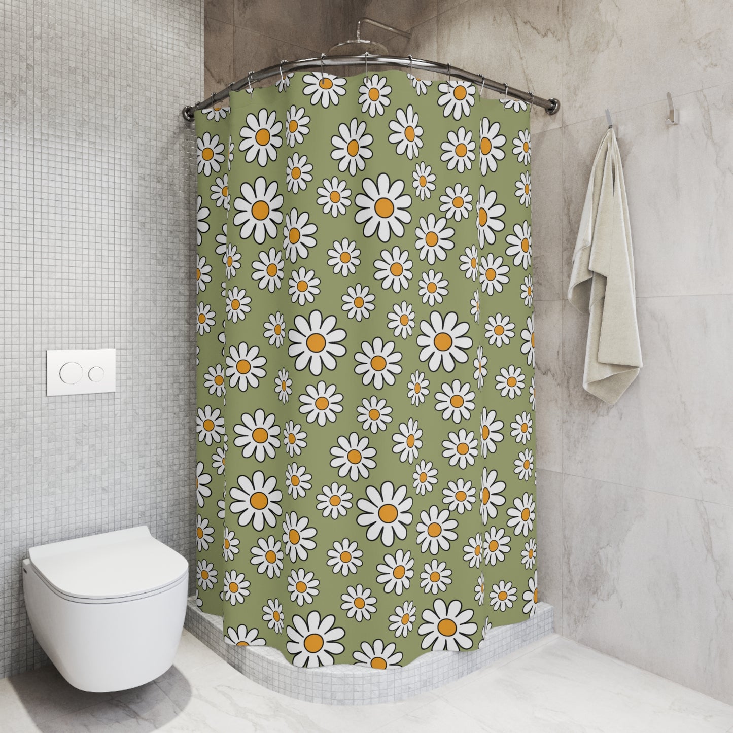 Retro Daisy Sage Green MCM Boho Shower Curtain